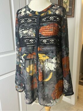 Meadow Rue Sheer Floral Lace Panel Blouse Size S